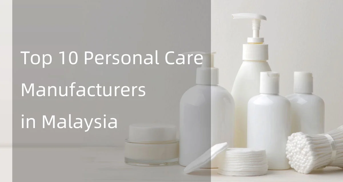 White plastic bottles and cotton pads representing personal care products alongside text about manufacturers in Malaysia.